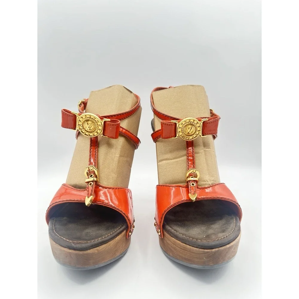 Louis Vuitton Patent Leather T-Strap Platform Sandals Red Orange Gold LV Heels